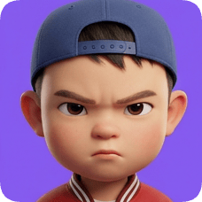 Pixar 3D cartoon boy, an American all-star boy with a blue cap, shows an angry expression on a purple background. american all star boy