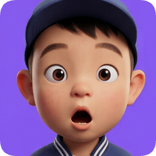 Pixar 3D cartoon boy, an American all-star boy, expresses surprise with wide eyes and an open mouth against a purple background. american all star boy