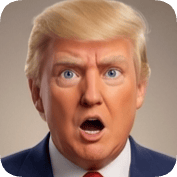 Pixar style ai avatar generator creates a surprised Donald Trump with blue eyes and blonde hair.