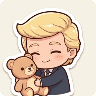 Kawaii chibi single sticker from a sticker pack generator shows a man in a suit hugging a teddy bear.