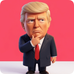Custom CM Pixar avatar of Donald Trump in a suit with a thoughtful expression and hand on chin.