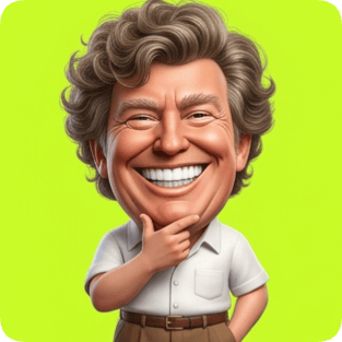 Custom 3D caricature transformation of a smiling man with curly hair and a white shirt against a bright green background. cm 3d caricature transformation