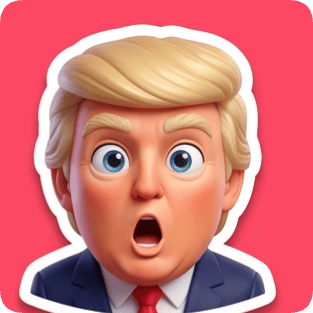 Emoji reaction sticker pack generator featuring a surprised Donald Trump cartoon sticker on a pink background.