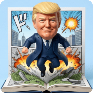 Custom CM manga pop up book features a dynamic Donald Trump figure bursting from an open book with comic book action scenes.