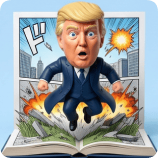 Custom CM manga pop-up book featuring a surprised Donald Trump figure bursting from an action-packed comic scene. cm manga pop up book
