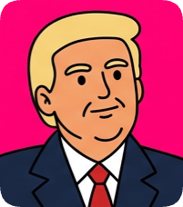 Custom CM doodle vector portrait of Donald Trump in a suit against a bright pink background.