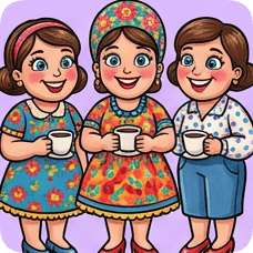 Custom CM Engelbreit folk cartoon illustration of three smiling women holding coffee cups and wearing colorful patterned dresses.