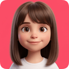 Custom CM Pixar style 3D avatar grid featuring a smiling young girl with brown hair and big brown eyes.