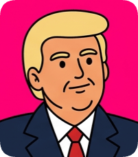Custom CM doodle vector portrait of Donald Trump in a suit and red tie against a bright pink background.