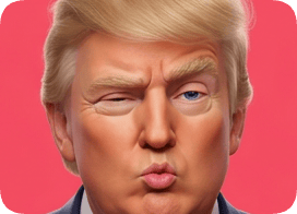 Custom 3D caricature portrait of Donald Trump with a playful wink and pursed lips against a vibrant pink background. cm 3d caricature portrait
