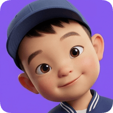 Pixar 3D cartoon boy, an American all-star boy with a blue baseball cap, smiles confidently against a purple background. american all star boy
