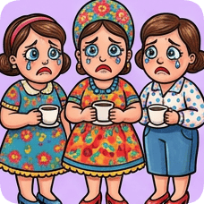 Custom CM Engelbreit folk cartoon illustration of three sad women crying while holding cups of coffee.