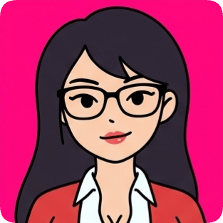 Custom cm doodle vector portrait 2 of a woman with glasses and a red blazer against a bright pink background.