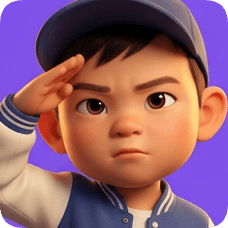 Pixar 3D cartoon boy, an American all-star boy, salutes with a determined expression and a blue baseball cap. american all star boy
