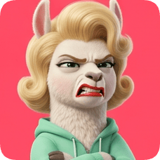 Custom CM llama character with blonde curly hair and an angry expression, wearing a mint green hoodie.
