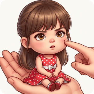 Custom cm chibi character with brown hair in a red polka dot dress sits on a hand, being gently poked. cm chibi character on hand