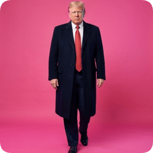 Custom CM artist Spotify portrait of Donald Trump in a navy coat and red tie against a pink background.