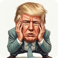 Custom CM KR GER caricature of Donald Trump with hands on face looking stressed and tired. cm kr ger caricature einstein
