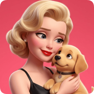 Custom Pixar style emotional grid features a blonde woman tenderly holding a golden retriever puppy with a soft pink background. cm pixar style emotional grid