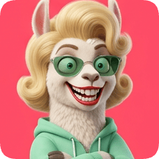 Custom cm llama character with blonde hair, green sunglasses, and a mint green hoodie, smiling broadly against a pink background.