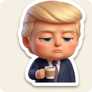 Chibi sticker pack generator featuring a cartoonish Donald Trump holding a coffee cup with a tired expression.