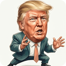 Custom CM KR GER caricature of Donald Trump in a suit with exaggerated features and a dynamic pose. cm kr ger caricature einstein