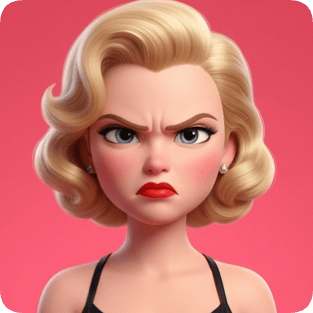 Custom CM Pixar style emotional grid shows a blonde woman with an angry expression and red lipstick.