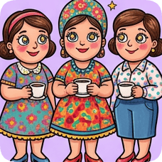 Custom CM Engelbreit folk cartoon illustration of three smiling women in colorful dresses holding cups of coffee.