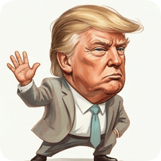 Custom cm kr ger caricature einstein of Donald Trump in a suit with a raised hand and stern expression.