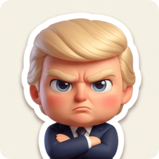 Chibi sticker pack generator featuring an angry Donald Trump character with crossed arms and blonde hair.
