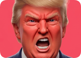Custom 3D caricature portrait of an angry Donald Trump with a red face against a pink background. cm 3d caricature portrait