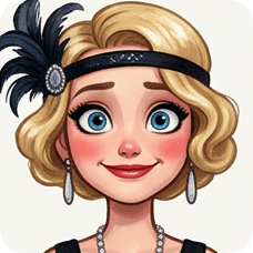 Custom CM Engelbreit deco flapper caricature featuring a blonde woman with blue eyes and a feathered headband.