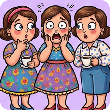 Custom CM Engelbreit folk cartoon of three women with shocked expressions holding coffee cups and wearing floral dresses.