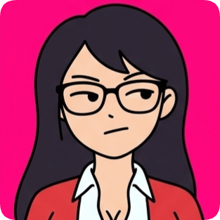 Custom cm doodle vector portrait 2 of a woman with dark hair, glasses, and a red jacket against a bright pink background.