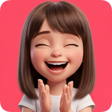 Custom CM Pixar style 3D avatar grid features a joyful cartoon girl with closed eyes and an open mouth, clapping her hands.