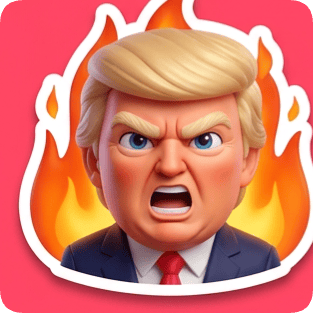 Emoji reaction sticker pack generator featuring an angry Donald Trump illustration surrounded by flames.