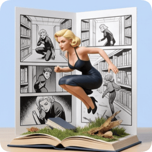 Custom CM Naruto pop-up book featuring a dynamic comic book scene with a blonde woman in a black dress leaping from an open book. cm naruto pop up book