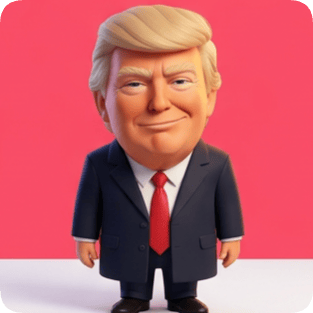 Custom CM Pixar avatar of Donald Trump in a suit and tie, smiling against a pink background.