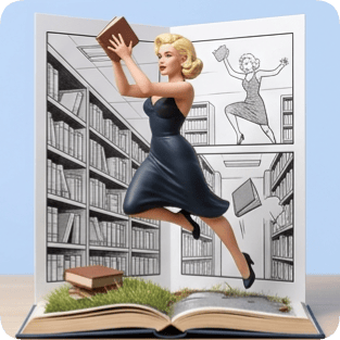 Custom CM Naruto pop up book features a blonde woman leaping joyfully through a library scene.