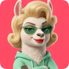 Custom cm llama character with blonde hair, green sunglasses, and a mint green hoodie on a pink background.