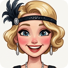 Custom CM Engelbreit deco flapper caricature of a smiling blonde woman with a feathered headband and pearl necklace.