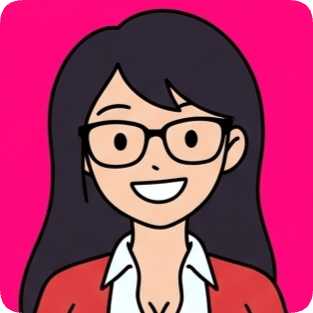 Custom cm doodle vector portrait 2 features a smiling woman with glasses and dark hair against a bright pink background.