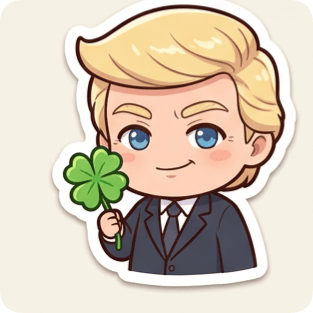 Kawaii chibi single sticker of a smiling man in a suit holding a four-leaf clover, perfect for a sticker pack generator.