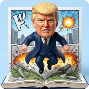 Custom CM manga pop-up book features an action figure of Donald Trump bursting from an open book with explosions. cm manga pop up book