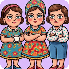 Custom CM Engelbreit folk cartoon art depicts three stern women with arms crossed and displeased expressions.