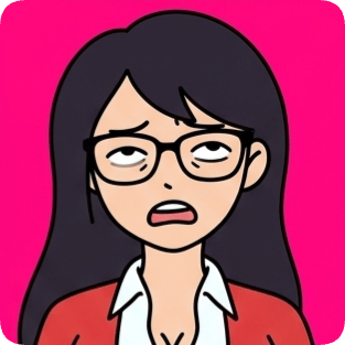 Custom cm doodle vector portrait 2 of a woman with glasses looking tired against a bright pink background.