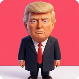 Custom CM Pixar avatar of Donald Trump in a suit and tie with a serious expression against a pink background.