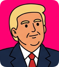 Custom CM doodle vector portrait of Donald Trump in a suit and tie against a bright pink background.