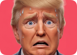 Custom 3D caricature portrait of a sweating Donald Trump with a worried expression against a pink background. cm 3d caricature portrait