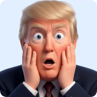 Sticker pack generator featuring a Pixar expression of Donald Trump with a shocked, surprised face and hands on cheeks. pixar expression single